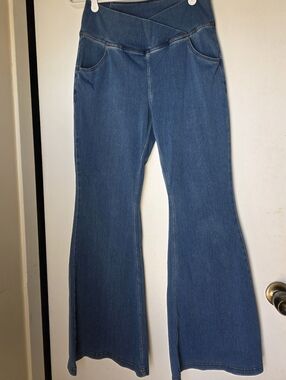 HALARA Blue High-Rise Flare Jeans with Crossover Waistband